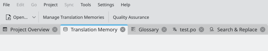 After the fix: In the Translation Memory tab, the Edit, Go, and Sync menus dynamically grey out. This adapts instantly to whichever tab is active (for example, switching to the Project Overview will only grey out the Sync menu)