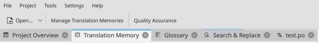 Translation Memory: File | Project | Tools | Settings | Help