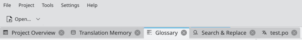 Glossary: File | Project | Tools | Settings | Help (Edit/Go/Sync gone)
